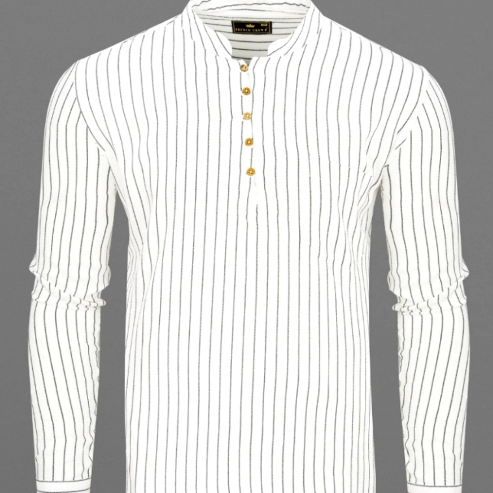 French Crown Bright White Striped Premium Tencel Kurta Shirt, White & Black.